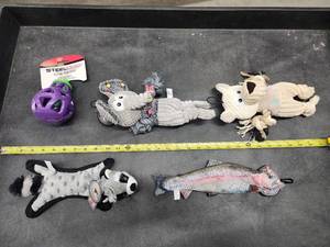 lot 62 image: Lot of (5) Steel Dog Assorted Dog Toys - Bear, Elephant, Racoon, Fish, Eggplant Slow Treater