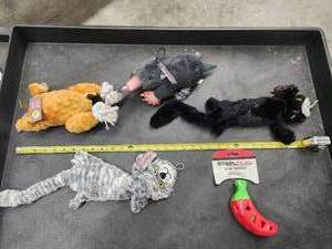 lot 64 image: Lot of (5) Steel Dog Assorted Dog Toys - Turkey, Tiger, Mole, Cat, Chili Pepper Slow Treater