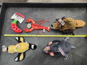 lot 66 image: Lot of (5) Steel Dog Assorted Dog Toys - Mole, Finch, Lobster, Beaver, Chili Pepper Slow Treater