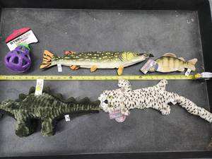 lot 70 image: Lot of (5) Steel Dog Assorted Dog Toys - Duck, Tiger, Northern, Yellow Perch, Eggplant Slow Treater