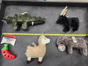 lot 71 image: Lot of (5) Steel Dog Assorted Dog Toys - Duck, Goat, Llama, Donkey, Chili Pepper Slow Treater