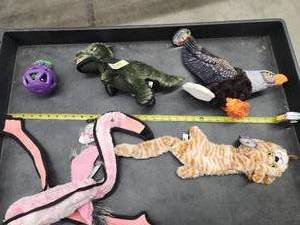 lot 73 image: Lot of (5) Steel Dog Assorted Dog Toys - T-Rex, Eagle, Flamingo, Cat, Eggplant Slow Treater