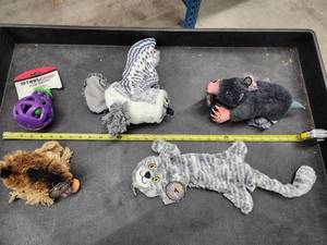 lot 75 image: Lot of (5) Steel Dog Assorted Dog Toys - Owl, Mole, Chipmunk, Flat Cat, Eggplant Slow Treater