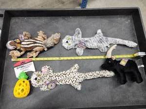 lot 74 image: Lot of (5) Steel Dog Assorted Dog Toys - Frosted Leopard, Grey Cat, Billy Goat, Pineapple Slow Treater