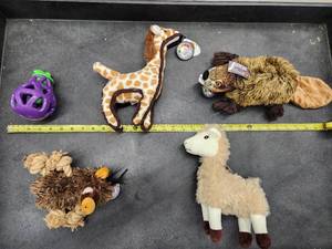 lot 76 image: Lot of (5) Steel Dog Assorted Dog Toys - Chipmunk, Giraffe, Beaver, Llama, Eggplant Slow Treater
