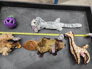 lot 77 image: Lot of (5) Steel Dog Assorted Dog Toys - Flat Cat, Beaver, Giraffe, Chipmunk, Eggplant Slow Treater