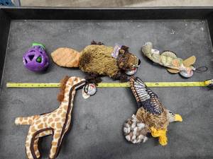 lot 78 image: Lot of (5) Steel Dog Assorted Dog Toys - Yellow Perch, Hawk, Beaver, Giraffe, Eggplant Slow Treater