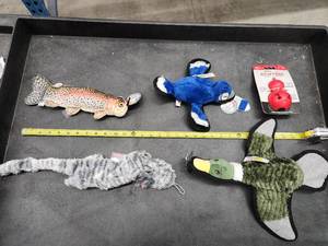 lot 79 image: Lot of (5) Steel Dog Assorted Dog Toys - Rainbow Trout, Blue Jay, Goose, Cat, Stuffers Spiked Bouncer
