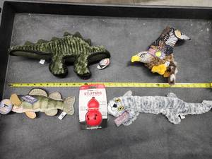 lot 80 image: Lot of (5) Steel Dog Assorted Dog Toys - Yellow Perch, Hawk, Duck, Cat, Stuffers Spiked Bouncer