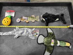 lot 81 image: Lot of (5) Steel Dog Assorted Dog Toys - Yellow Perch, Duck, Killer Whale, Cat, Pineapple Slow Treater