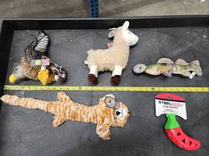 lot 82 image: Lot of (5) Steel Dog Assorted Dog Toys - Hawk, Yellow Perch, Llama, Cat, Chili Pepper Slow Treater