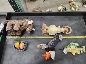 lot 83 image: Lot of (5) Steel Dog Assorted Dog Toys - Hawk, Potato & Carrot, Yellow Perch, Elephant, Horse