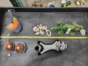 lot 86 image: Lot of (5) Steel Dog Assorted Dog Toys - Gator, Raccoon, Pancakes, Carrot & Potatoes, Critter