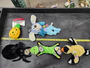 lot 89 image: Lot of (5) Steel Dog Assorted Dog Toys - Spider, Gator, Critter, Finch, Pineapple Slow Treater
