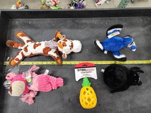 lot 90 image: Lot of (5) Steel Dog Assorted Dog Toys - Cow, Bear, Spider, Blue Jay, Pineapple Slow Treater