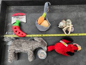 lot 93 image: Lot of (5) Steel Dog Assorted Dog Toys - Cardinal, Donkey, Carrot & Potatoes, Critter, Chili Pepper Slow Treater