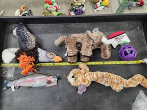 lot 94 image: Lot of (5) Steel Dog Assorted Dog Toys - Eagle, Trout, Cat, Woolly Mammoth, Eggplant Slow Treater