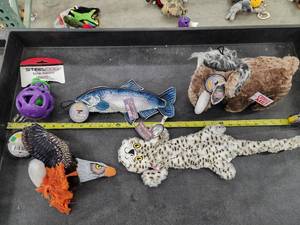 lot 95 image: Lot of (5) Steel Dog Assorted Dog Toys - Eagle, Chinook, Woolly Mammoth, Cat, Eggplant Slow Treater