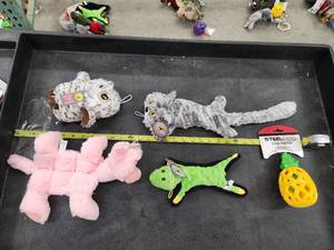 lot 96 image: Lot of (5) Steel Dog Assorted Dog Toys - Owl, Gator, Cat, Bear, Pineapple Slow Treater
