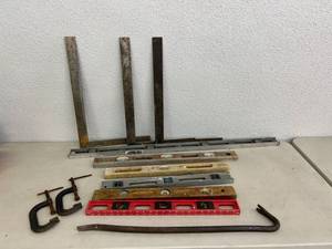 lot 195 image: Levels, Squares, Pry Bar & Clamps