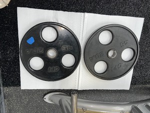 lot 91 image: (2) Weight Plates with 3-round holes. 45 GPI