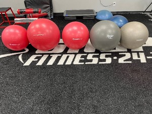 lot 95 image: 5 exercise balls, various sizes. Brands include Dynapro, Fitness Gear, UrbnFit