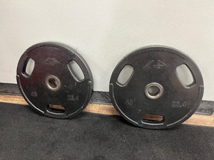 lot 90 image: (2) GP Industries Oval-3-hole Olympic Grip Plate 45 lbs