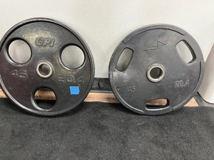 lot 92 image: (2) Weight Plates One GPI with 3-round holes-45 LBS and one GP Industries with 3 oval holes 45 LBS
