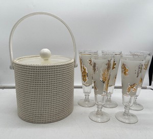 lot 88 image: Libbey Gold Leaf Glasses Set of 4 with Ice Bucket