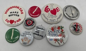 lot 93 image: 10 Vintage No Smoking Subject Matter Pin Back Buttons 1970s-1980s
