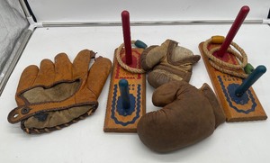 lot 94 image: Vintage Childrens Lot Sports Equipment Leather Boxing Gloves