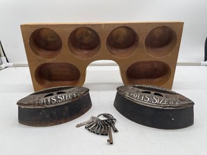 lot 142 image: Vintage Wood Money Cashiers Tray Sad Irons Skeleton Keys