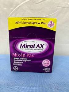 lot 25 image: 1 Box 20-Sample Packets MiraLAX Mix-In Pax Stool Softening Constipation Grit-Free Powder Reliever - Unflavored - Expiration 0126 Includes Multiple 2026 $5.00 Coupons