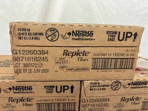 lot 27 image: 8 Cases (24 each per case) NEW Nestle Health Science 16245 8.45 fl. oz. Replete Fiber - Unflavored - Expiration 624 -Digestive Health Nutritionally-complete, tube-feeding formula, appropriate for elevated protein requirements