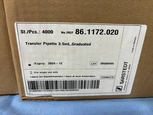 lot 62 image: MSRP $400  1 Case (8 boxes - 500 each box total 4000 pipettes per case) NEW Sarstedt 86.1172.020 3.5 mL Single-Use Graduated Transfer Pipettes Droppers - Expiration 1224