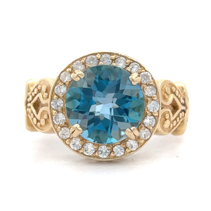 Blue Topaz & Natural Diamond Halo Ribbon Openwork Ring in 14k Yellow Gold $2,275 Retail VIDEO