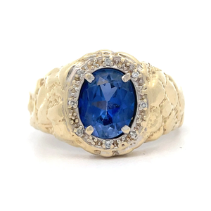 Gents Blue Sapphire & Diamond Halo Nugget Estate Ring in 14k Yellow Gold $2,280 Retail VIDEO
