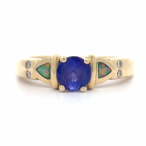 Blue Sapphire, Opal Inlay & Natrural Diamond Modern Estate Ring in 14k Yellow Gold $1,765 Retail