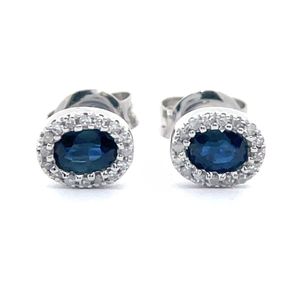 .53 Carat Blue Sapphire & Natural Diamond Oval Halo Cluster Stud Earrings in 14k White Gold $1,375 Retail VIDEO