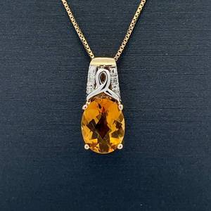 Oval Citrine & Natural Diamond Scrolling Ribbon Pendant in 14k Yellow Gold $825 Retail VIDEO