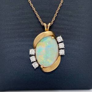 Fine Estate Fiery White Opal & Natural Diamond Pendant Necklace in 18k Yellow Gold $2,650 Retail VIDEO