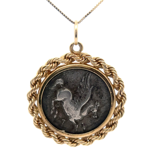 Rare Estate Find Authentic Ancient Greek Silver Coin w Pegasus & Ares Pendant Necklace with 14k Yellow Gold Rope Halo $2,490 Retail VIDEO
