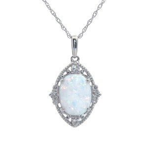 Oval White Opal Filigree Drop Pendant 18 Necklace in White Gold $1,480 Retail VIDEO
