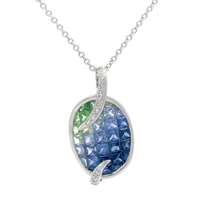 Green & Blue Sapphire & Diamond Leaf Pendant 16 Necklace in 18k White Gold $1,899 Retail VIDEO