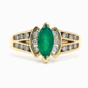 lot 12 image: Marquise Emerald & Diamond Chevron Channel Ring in 14k Yellow Gold VIDEO