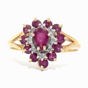 lot 15 image: Ruby & Diamond Flower Cluster Split Ring in 14k Yellow Gold VIDEO