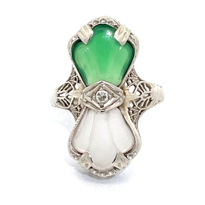 lot 16 image: Rare Antique Estate Find Carved Chrsyophrase & Moonstone Shell Diamond Ring in 14k White Gold $3,275 Retail VIDEO