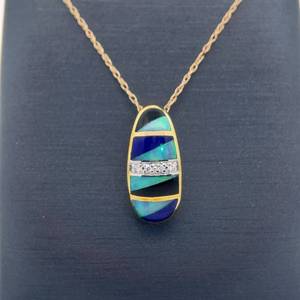 lot 11 image: Inlay Onyx, Lapis, Opal & Diamond Easter Egg Pendant Necklace in 14k Yellow Gold
