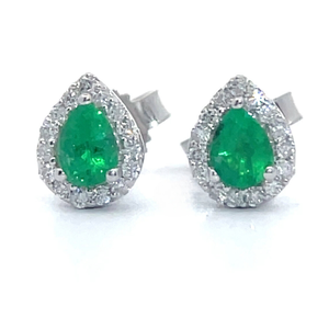 lot 31 image: Pear Emerald & Diamond Halo Cluster Earrings in White Gold VIDEO