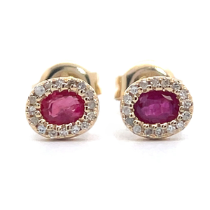 lot 23 image: Oval Ruby & Diamond Halo Stud Earrings in 14k Yellow Gold Retail $1,000 VIDEO